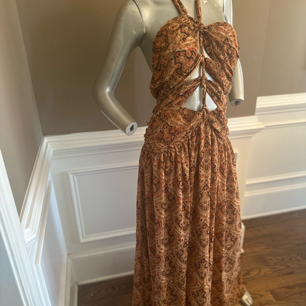 NWT FASHION NOVA Paisely Cut Out Maxi Dress Orange/Brown Halter Maxi Dress Sz XL - Picture 2 of 6